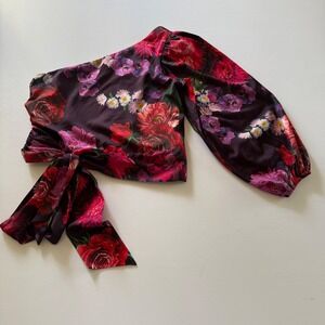 Express Women's One Shoulder Floral Tie Waist Crop Top Size S Asymmetric Boho